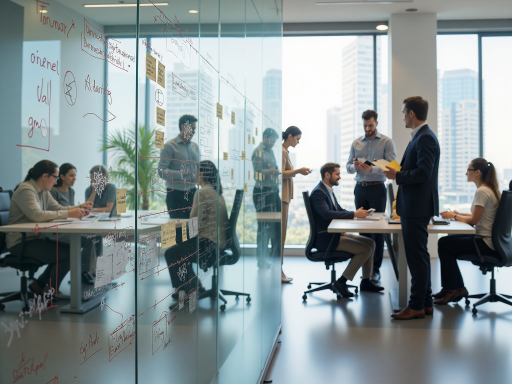 现代化办公环境，宽敞明亮的会议室，员工正在讨论项目方案，玻璃幕墙办公室，专业工作氛围